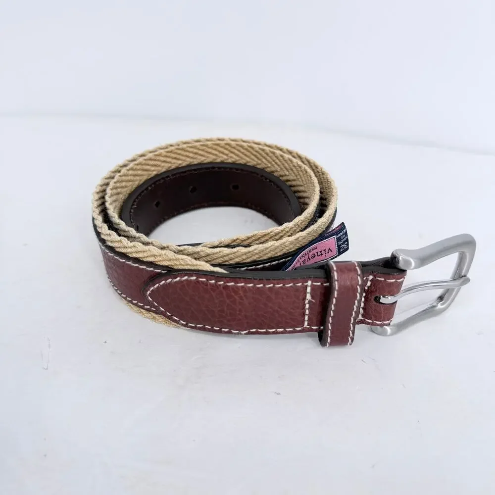 Vineyard Vines Tan Woven Cotton Leather Belt Brown Trim Silver Buckle Size 32